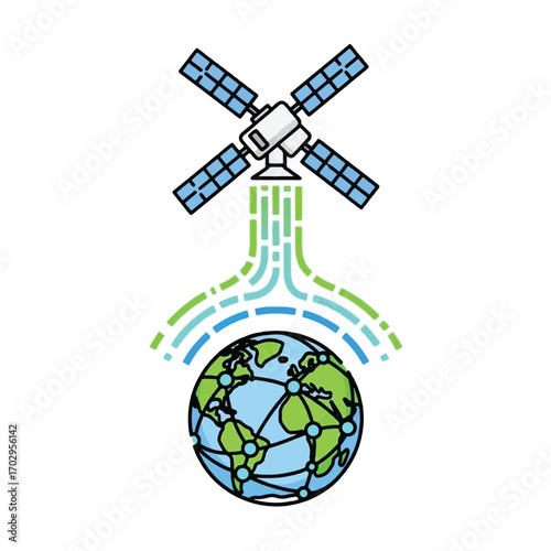 A stylized illustration depicting a satellite transmitting data to Earth, showcasing global connectivity.