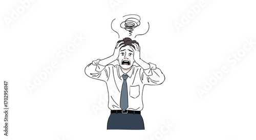 Stressed businessman overwhelmed by work pressure, clutching head in panic, feeling intense anxiety
