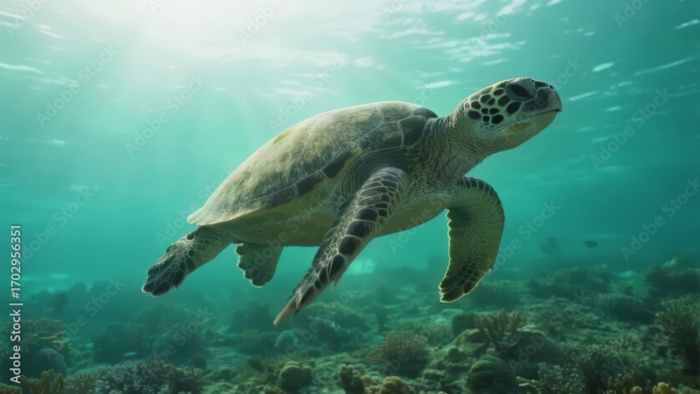 Fototapeta premium Sea Turtle Gliding Through Coral Reef Underwater