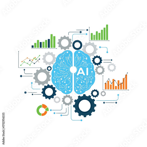 A graphic representation of Artificial Intelligence, showing interconnected gears, data visualizations, and a central brain symbol.