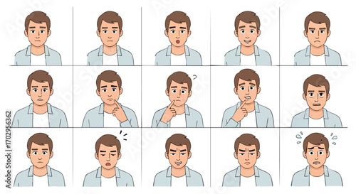 Man displays various emotions and expressions, perfect for illustrating feelings and reactions