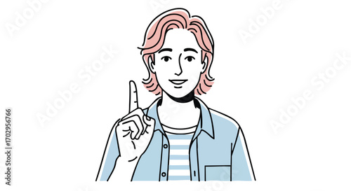 Young person pointing up, offering a solution or idea with a confident, friendly expression