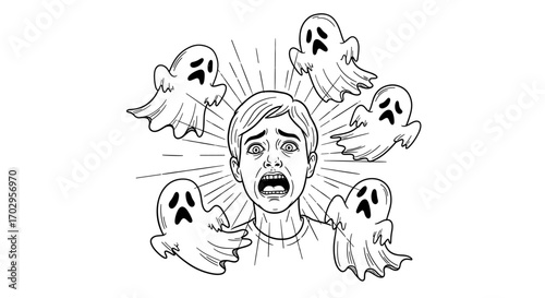 Frightened man surrounded by ghostly figures in black and white image