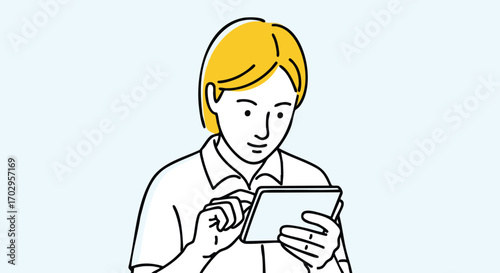 Young person focused on tablet screen, browsing digital content with bright, modern style