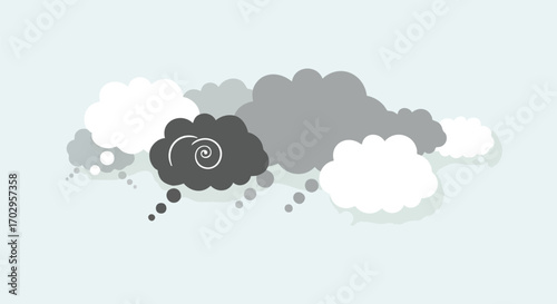 Abstract concept of ideas and communication represented by diverse thought bubbles in various shades of gray and white