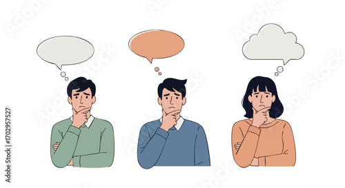 Diverse people pondering questions with empty thought bubbles for ideas and solutions