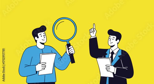 Dynamic duo collaborates, one with magnifying glass, seeking solutions for bright business ideas.