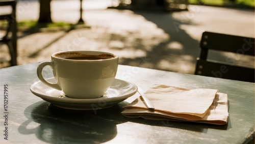 Cup of coffee on a table with an open book in a sunny outdoor setting