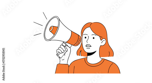 Dynamic woman announces important news loudly through a megaphone, capturing attention