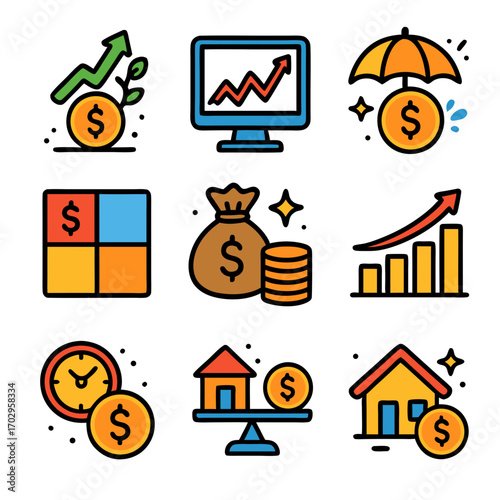 Set of finance and investment vector icons including money growth, chart, savings, house, coins, and protection. Perfect for business, banking, and financial design projects