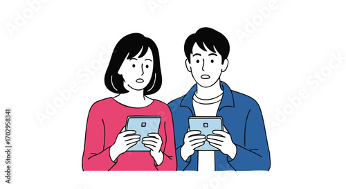 Shocked couple stares at tablet screens, experiencing digital surprise or bad news together