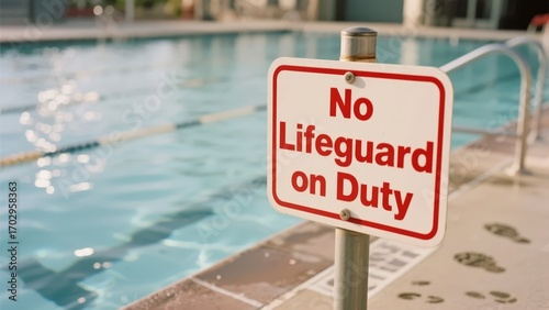 Swimming pool with a 'No Lifeguard on Duty' warning sign in the foreground.