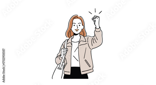 Confident woman celebrating success with fist pump and joyful expression, ready for new opportunities.