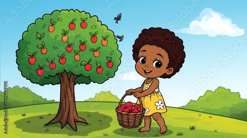 Happy Little Girl Picking Apples from a Tree