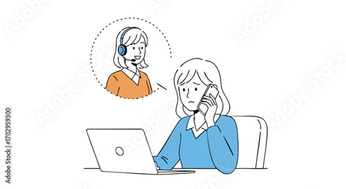Frustrated woman on phone receives support call from smiling agent on laptop