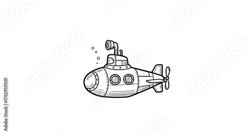 Cartoon submarine sketch, simple black lines, isolated vector illustration