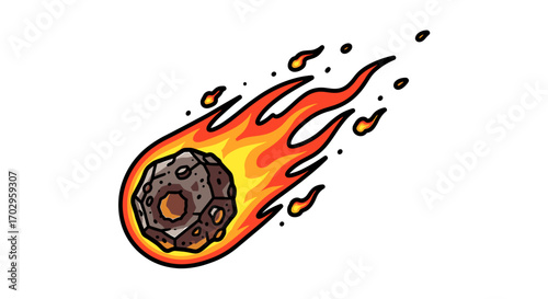 Cartoonish Meteor Illustration with Fiery Trail Isolated on White