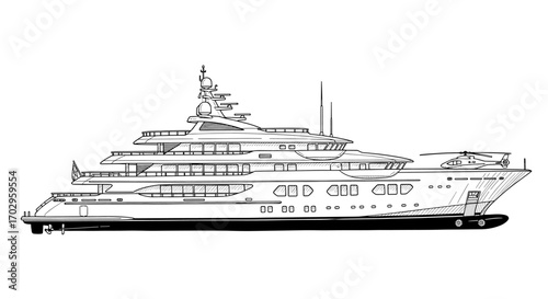 Black and White Line Art Rendering of Luxury Superyacht with Helicopter