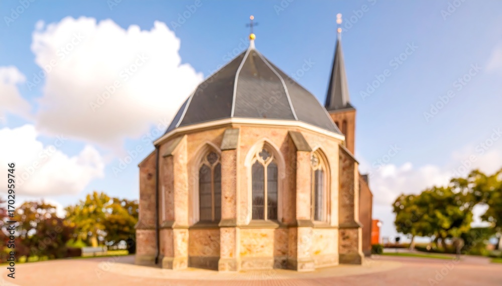 Obraz premium Blurred church exterior, autumnal trees, sunny day