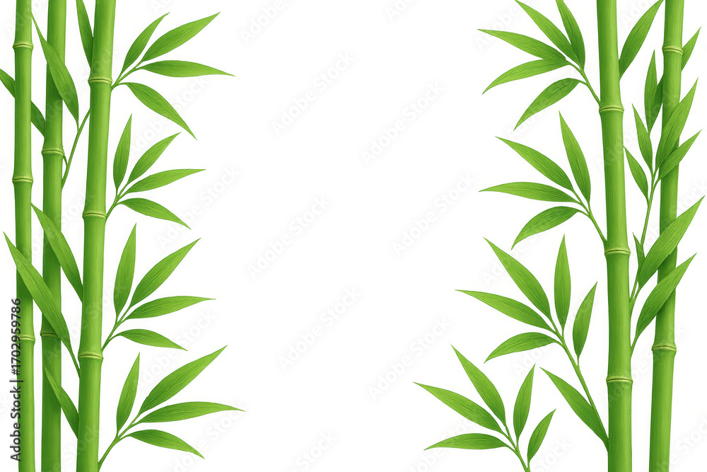 Fototapeta premium Green bamboo stalks and leaves creating a natural frame on a transparent background, ideal for adding an organic touch to designs