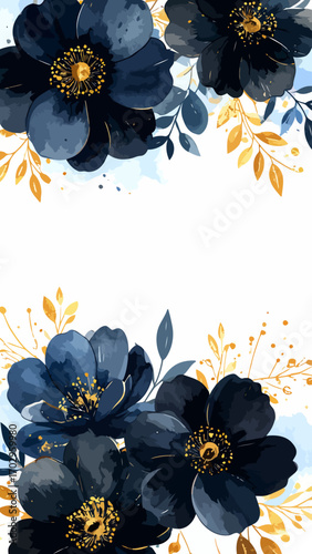 Dark Blue Watercolor Flowers with Golden Accents Elegant Floral Illustration.