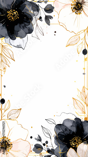 floral design with black and white flowers and gold accents.