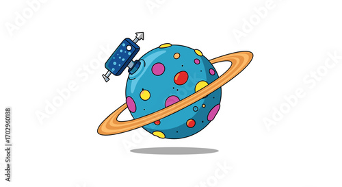 Cartoon Planet with Rings and Satellite orbiting in Space