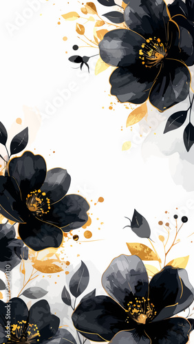 Elegant Black Flowers with Golden Accents Watercolor Illustration.