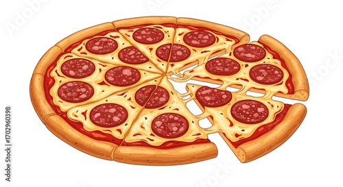 Delicious Pepperoni Pizza Cartoon Illustration with a Slice Being Pulled
