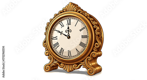 Elegant Gold Clock Displaying Ten Minutes Past Midnight Isolated