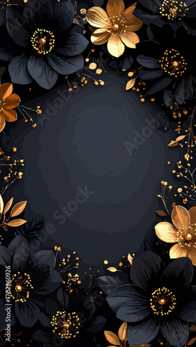 Elegant decorative frame of black and gold flowers.