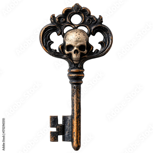 Stock photo of Spooky key skull design white isolated background. Clean background and simple style with natural light and clear detail for web and print. Simple photo for stock use with clear focus a