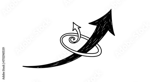 Upward trending arrow with flourish, hand drawn in black ink.