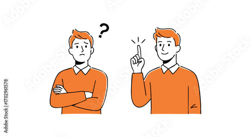 Confused man with question mark transforms into inspired idea generator pointing up