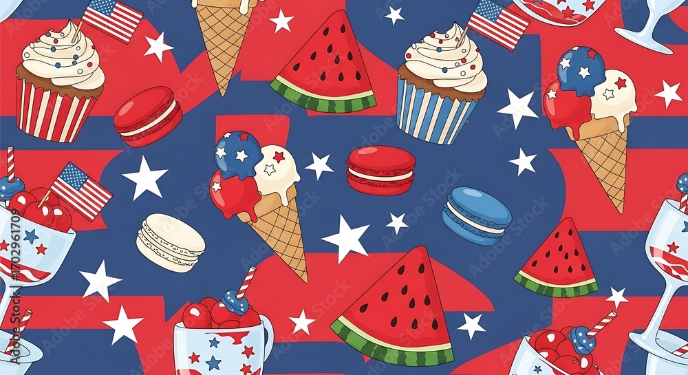 Festive 4th of July desserts background pattern with cupcakes macarons and ice cream themed Festive 4th of July desserts background pattern with cupcakes macarons and ice cream themed