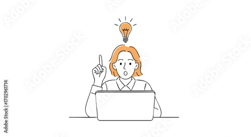 Surprised woman with idea lightbulb over head works on laptop, brainstorming concept