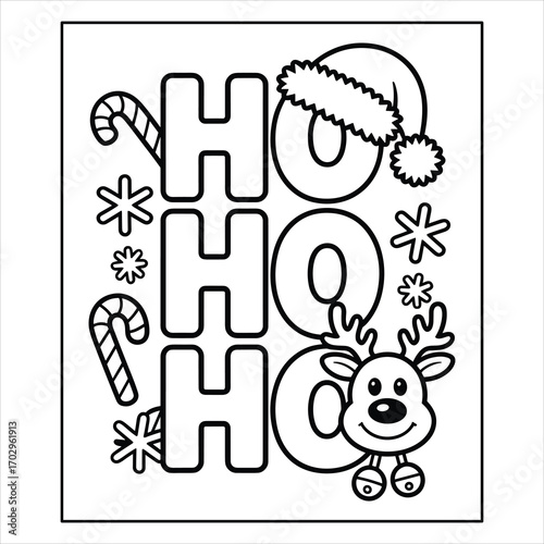 Ho Ho Ho Reindeer Santa Hat Christmas Coloring Page