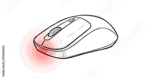 Sleek Computer Mouse Sketch with Red Glow on White Background