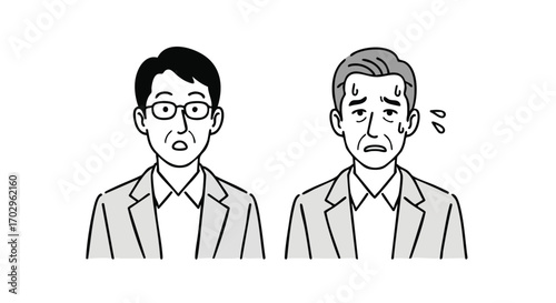 Two businessmen react with worry and stress to challenging business situations