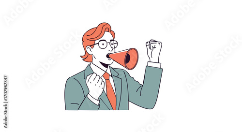 Confident man advocating with megaphone, raising fist in support, promotion, and powerful message