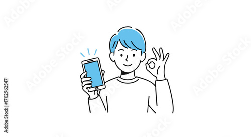 Young man happily holding smartphone and showing OK gesture with bright blue hair