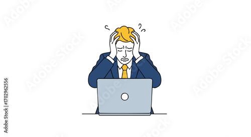 Stressed businessman overwhelmed by work, grasping head in despair before laptop screen