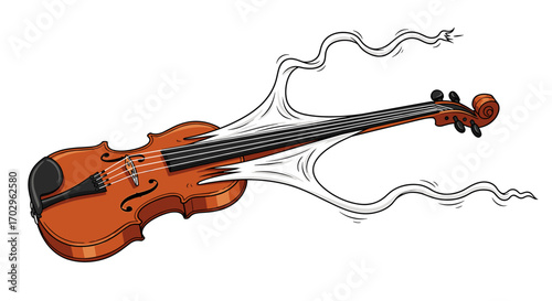 Whimsical violin illustration with surreal smoke emanating from the musical instrument