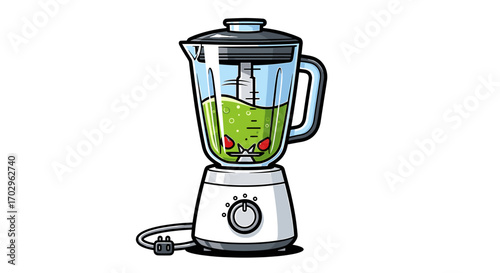 Cartoon blender prepares a green smoothie with red fruit inside.