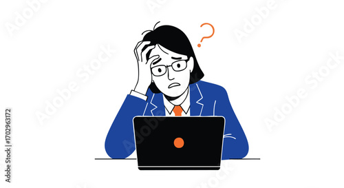 Stressed professional with question mark above head facing laptop problem