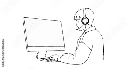 Professional customer service representative actively engaging with clients at a computer workstation