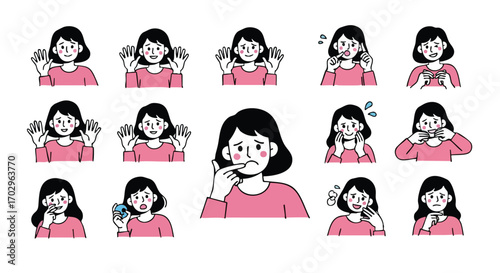 Expressive woman's diverse emotions shown through hand gestures and facial expressions
