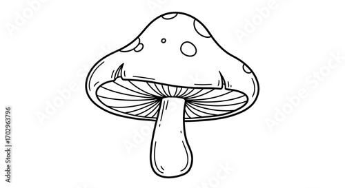 Simple black and white mushroom illustration with dotted cap