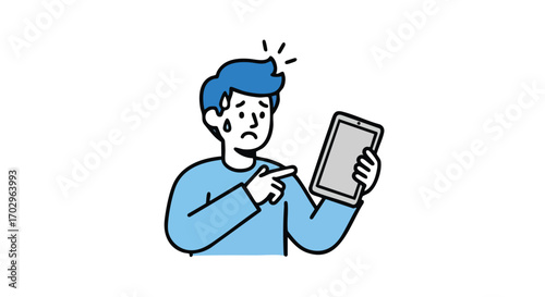 Confused man pointing at tablet screen showing error or problem, feeling stressed