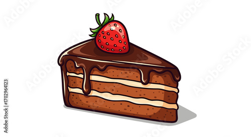 Delicious Chocolate Cake Slice Topped with Strawberry Illustration
